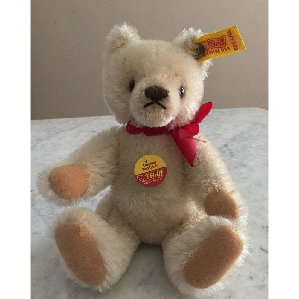 Vtg 1982 STEIFF White Mohair Teddy Bear 0203/36 TAGS & BUTTON Jointed 12"